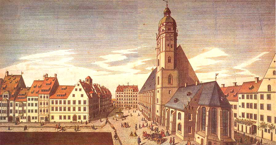 Baroque Leipzig, showing Thomaskirche Square, St Thomas's Church and St Thomas School, Thomasschule